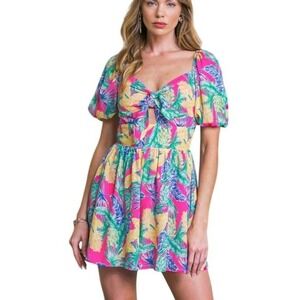 Flying Tomato Pink Tropical Floral Puff Sleeve Tie Front St. James City Romper M